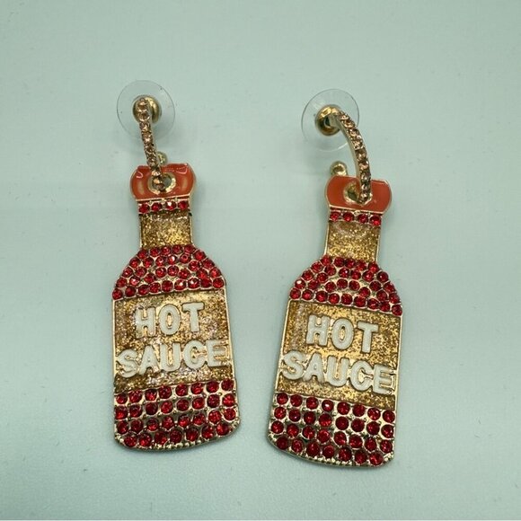 Hot Sauce Bottle Statement Earrings Red and Gold Sparkly Rhinestones - Picture 5 of 9
